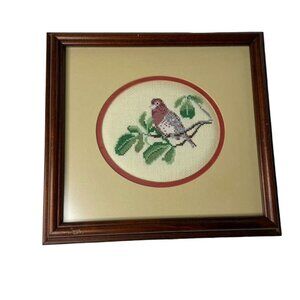Vintage Handmade Needlepoint Embroidered Picture Matted Framed Bird  u 11 x 11.5
